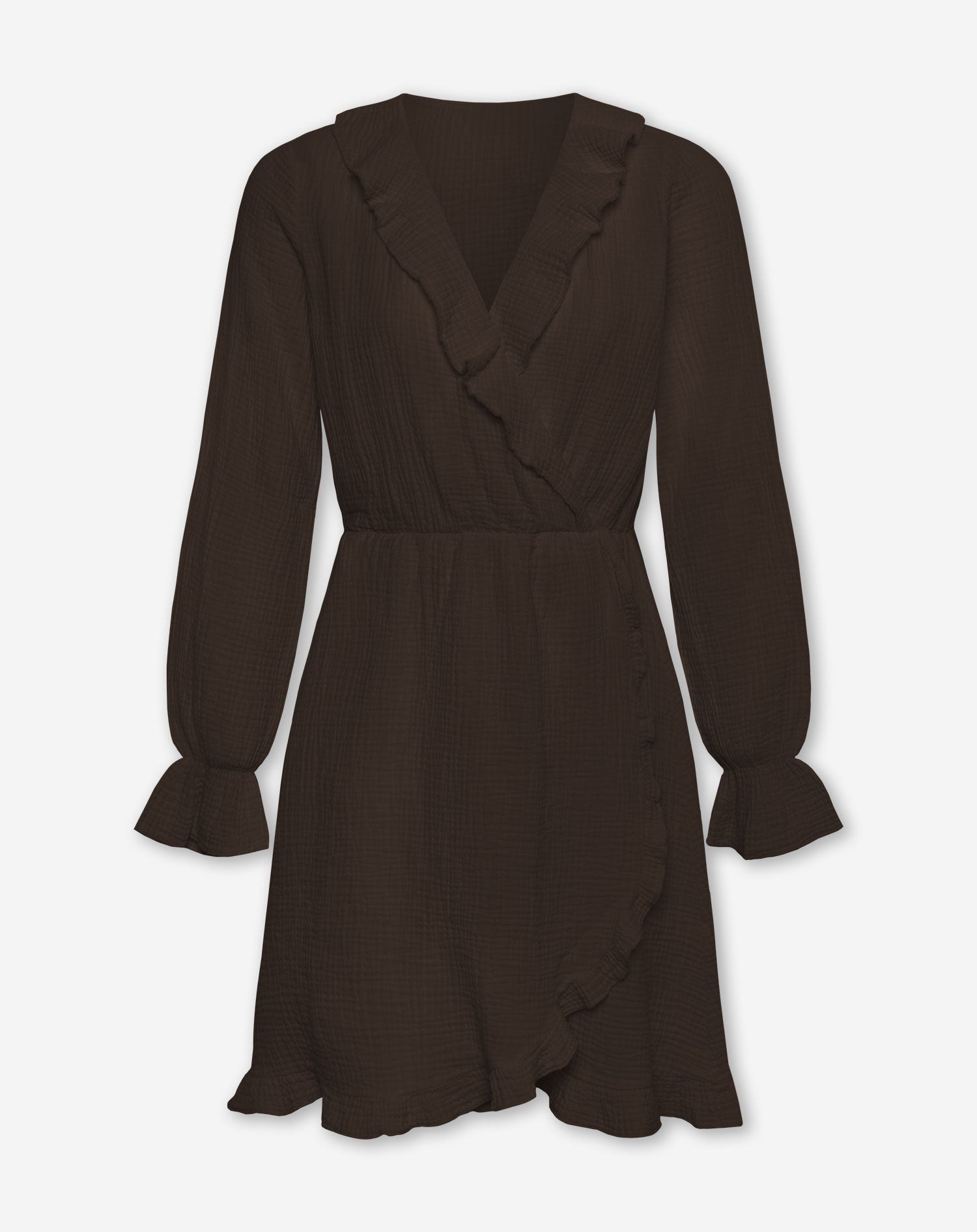 MOUSSELINE RUFFLE V-NECK WRAP DRESS BRUIN
