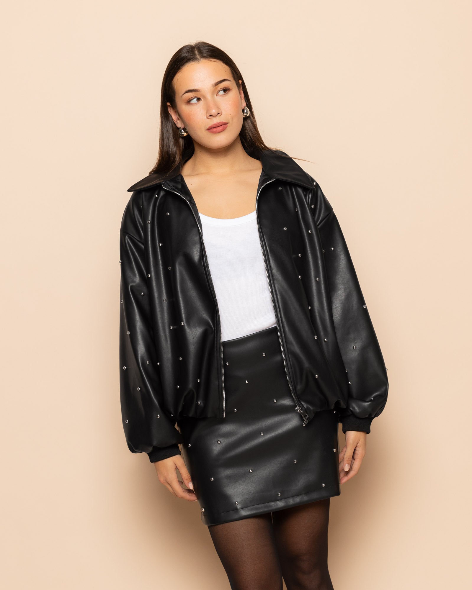 FAUX LEATHER STUDDED SKIRT BLACK