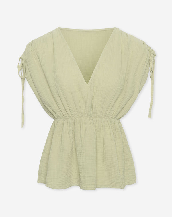 MOUSSELINE PEPLUM TOP LICHT OLIJFGROEN