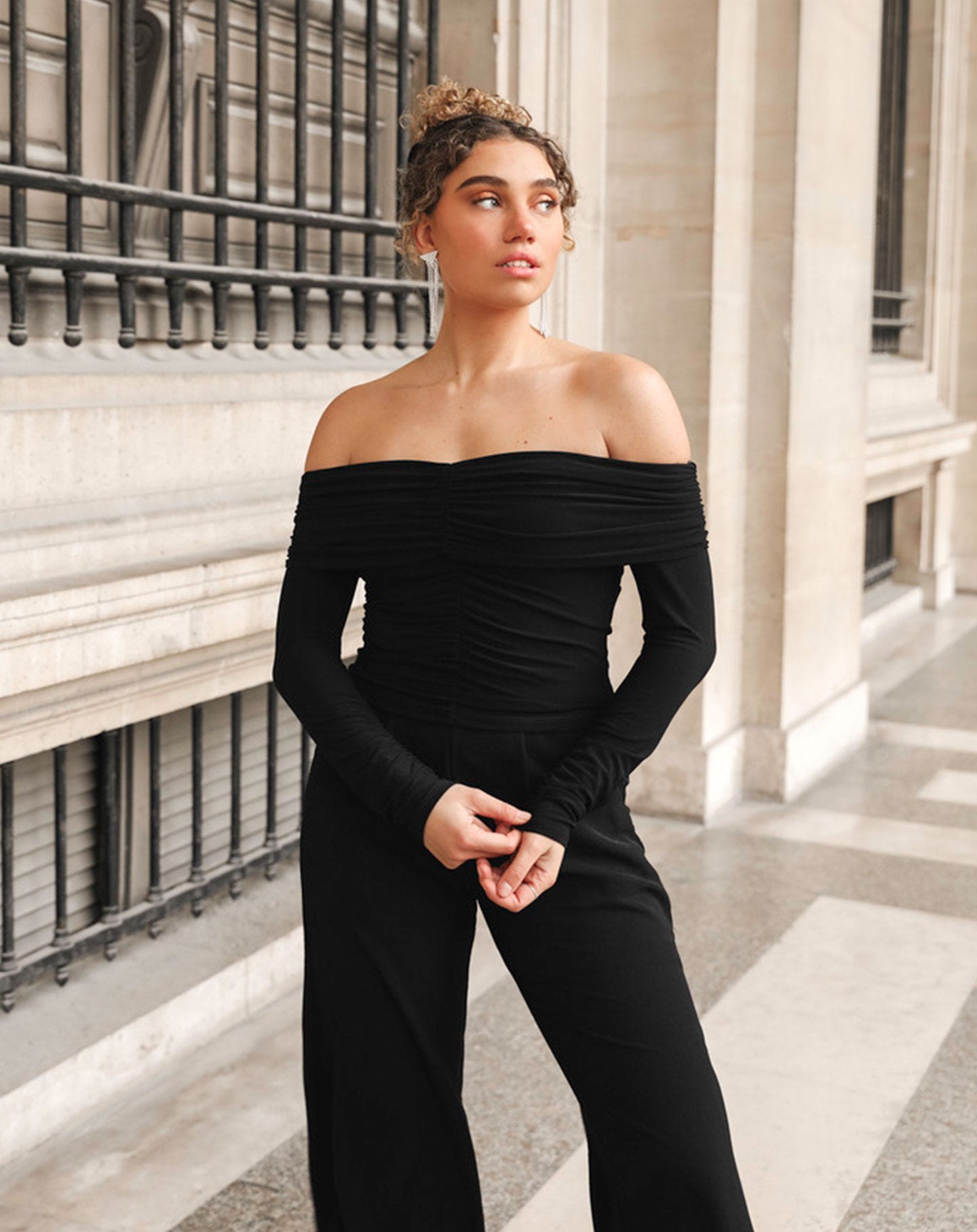 Off Shoulder Ruched Long Sleeve Jumpsuit Black