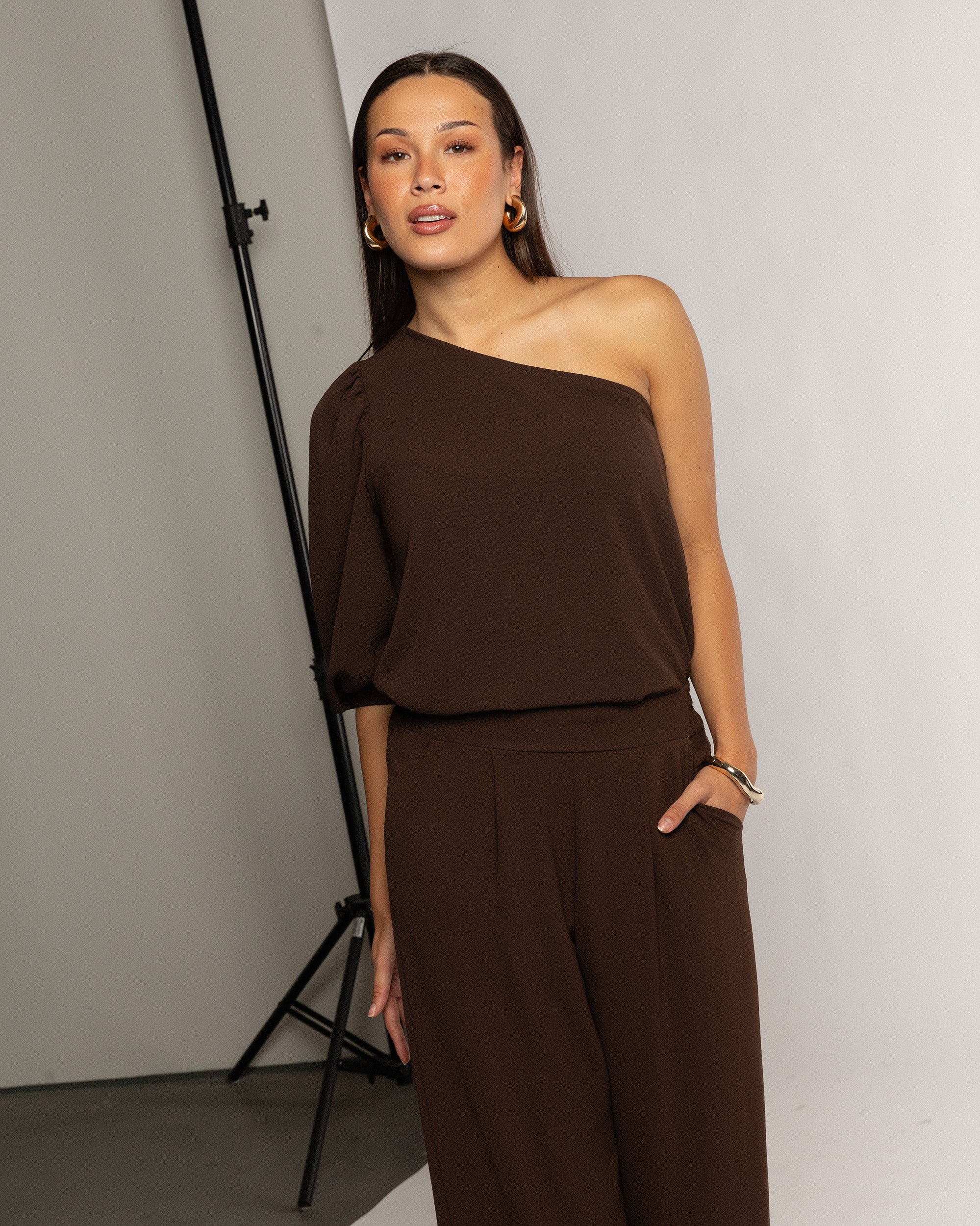 JULIE ONE SHOULDER PUFF SLEEVE TOP BRUIN