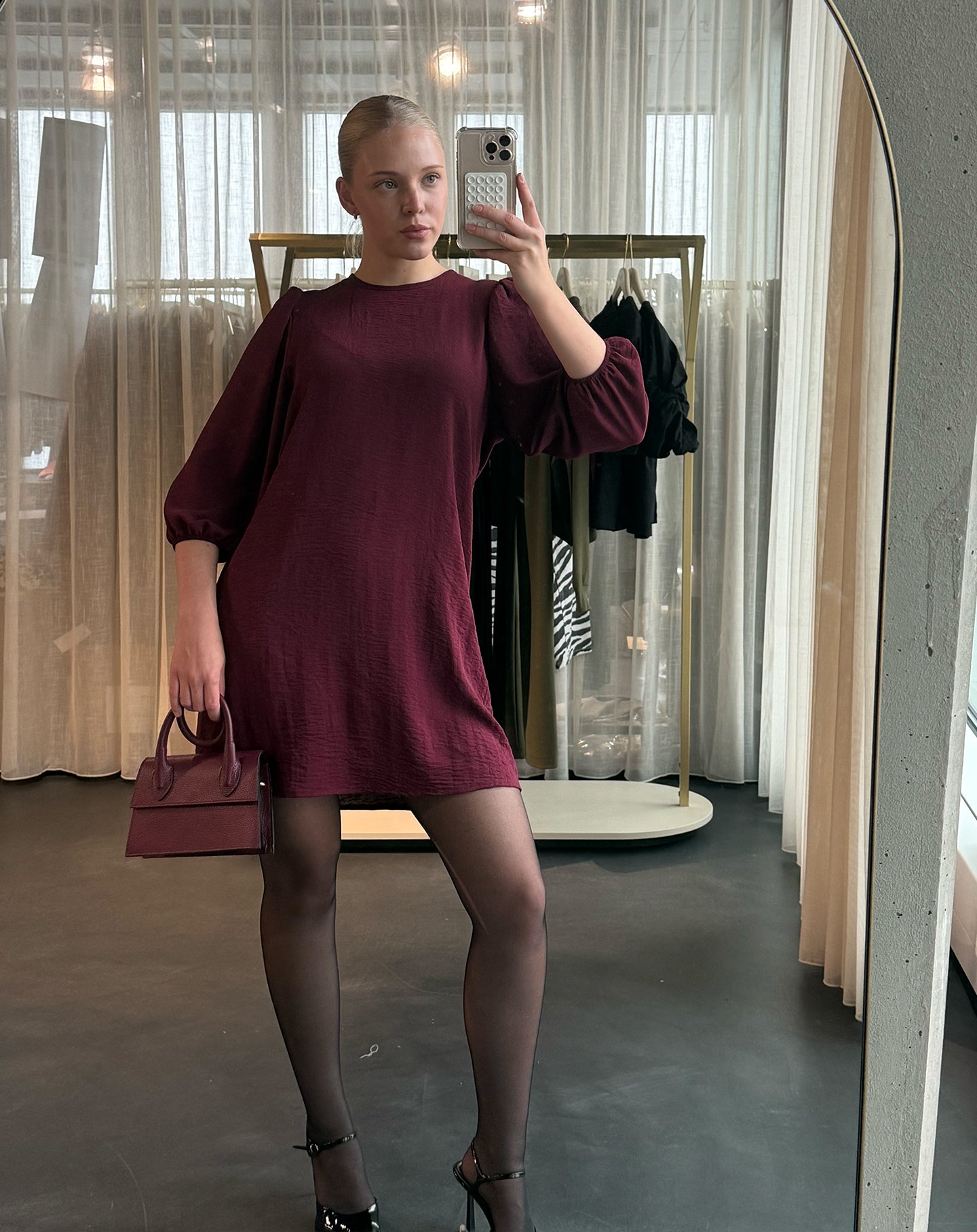 JULIE PUFF SLEEVE DRESS BURGUNDY