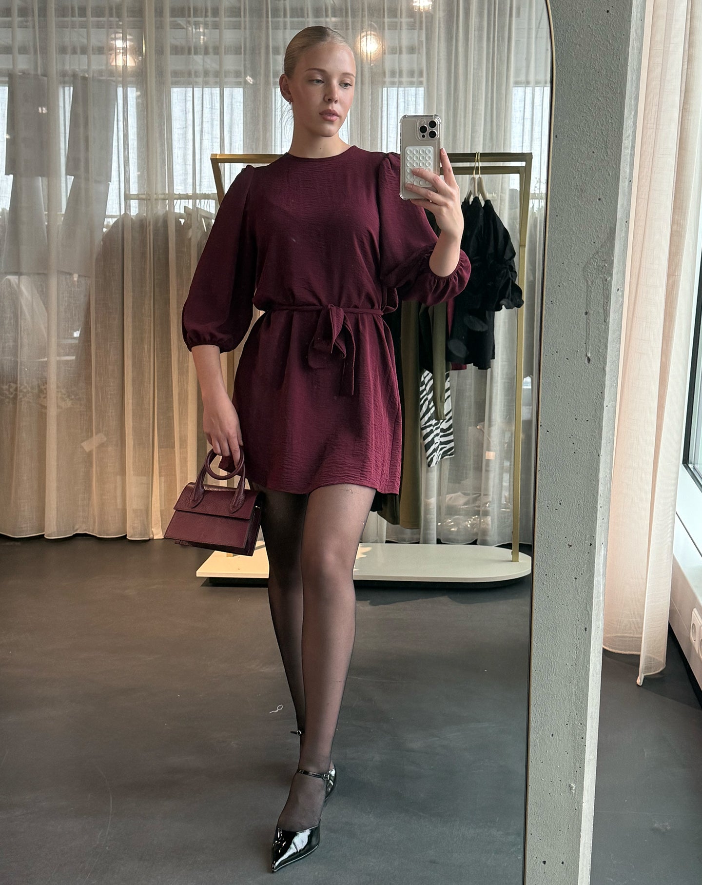 JULIE PUFF SLEEVE DRESS BURGUNDY