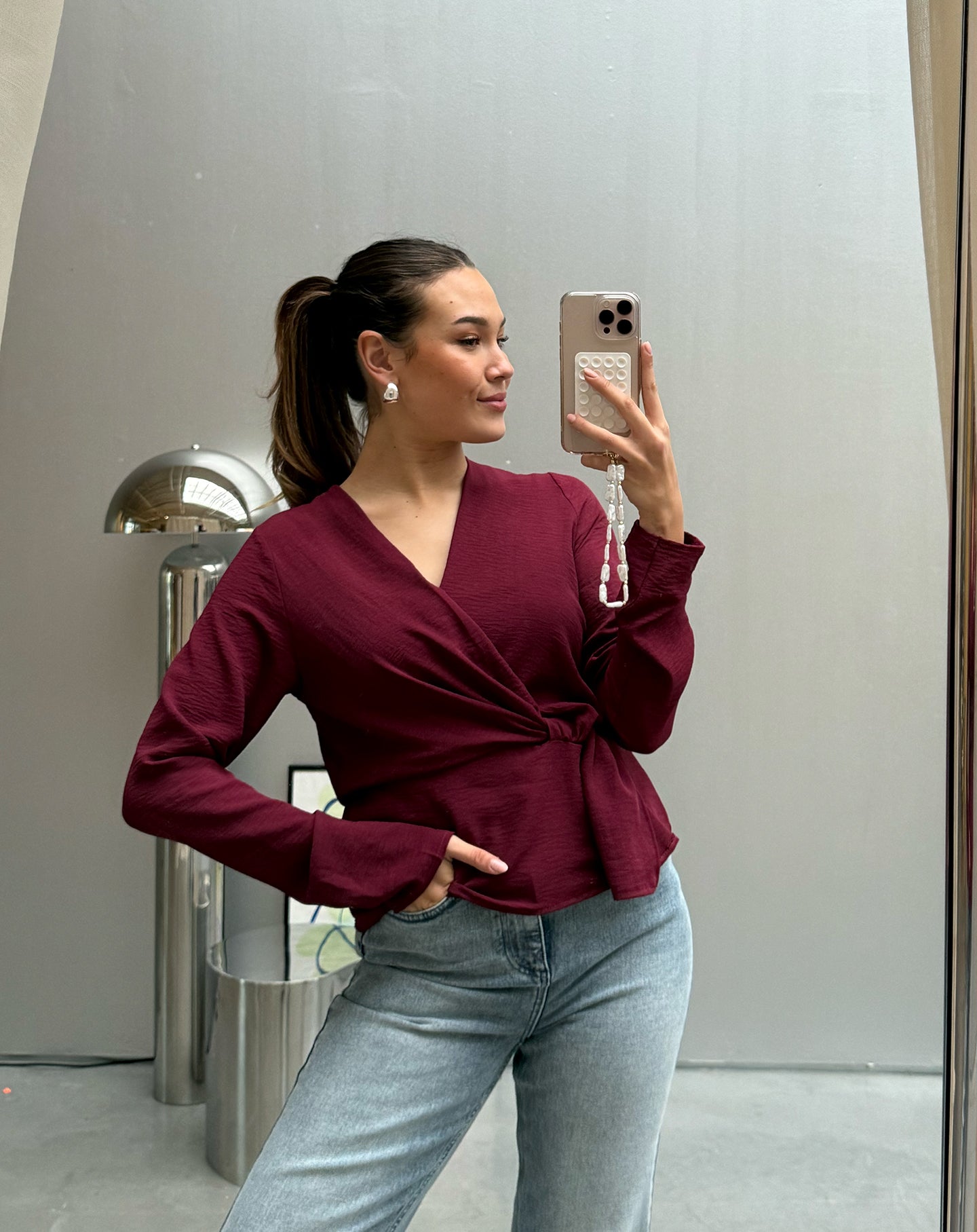 JULIE LONG SLEEVE WRAP TOP BURGUNDY