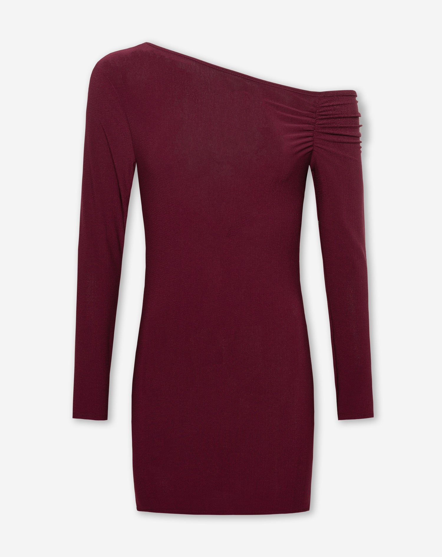 EMILY OFF SHOULDER RUCHED DRESS BURGUNDY