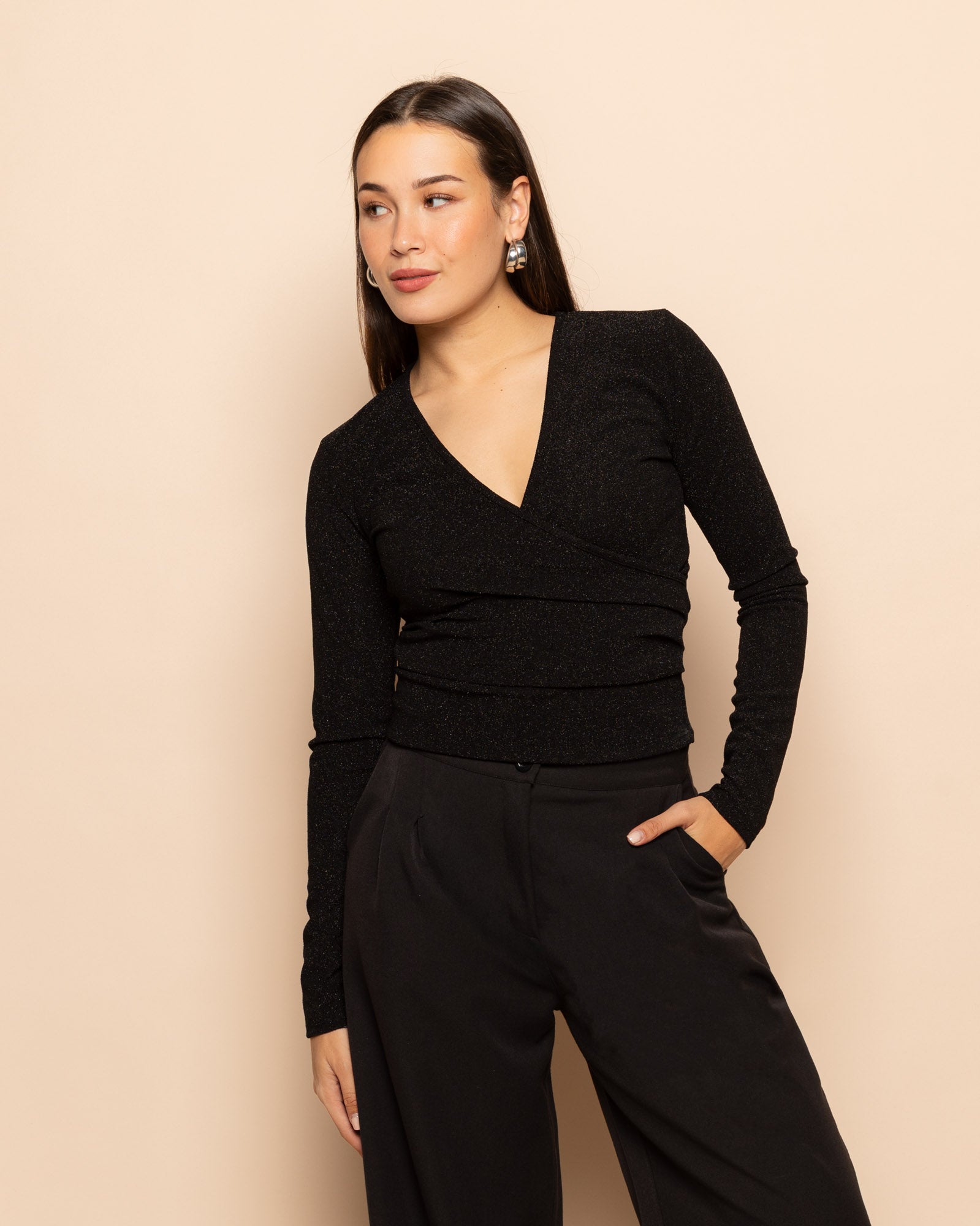 MARY GLITTER WRAP TOP BLACK