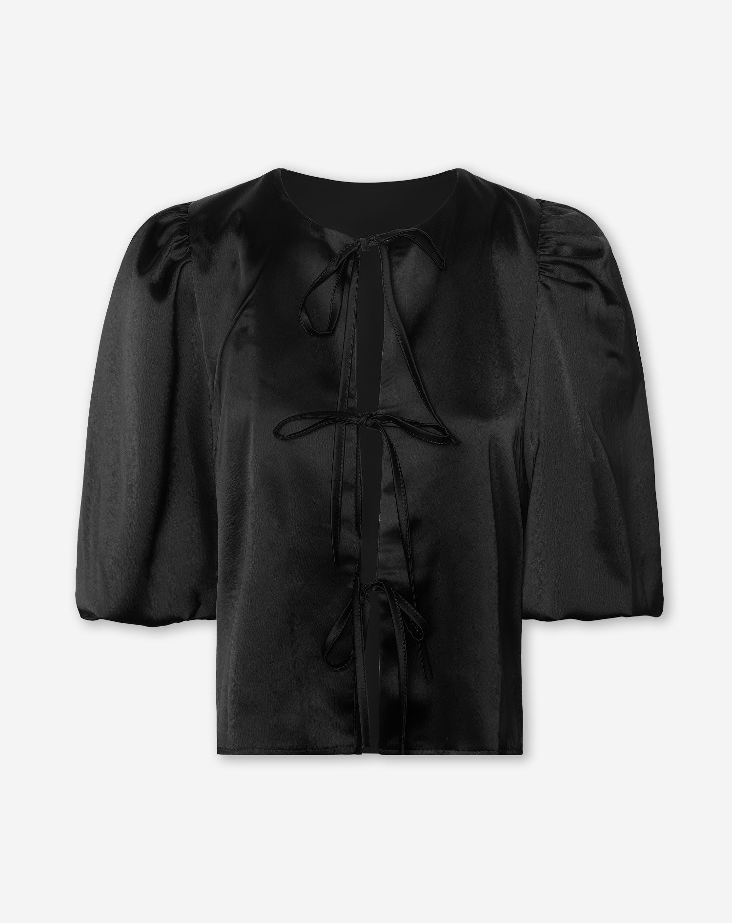 SATIN BOWS PUFF SLEEVE TOP BLACK