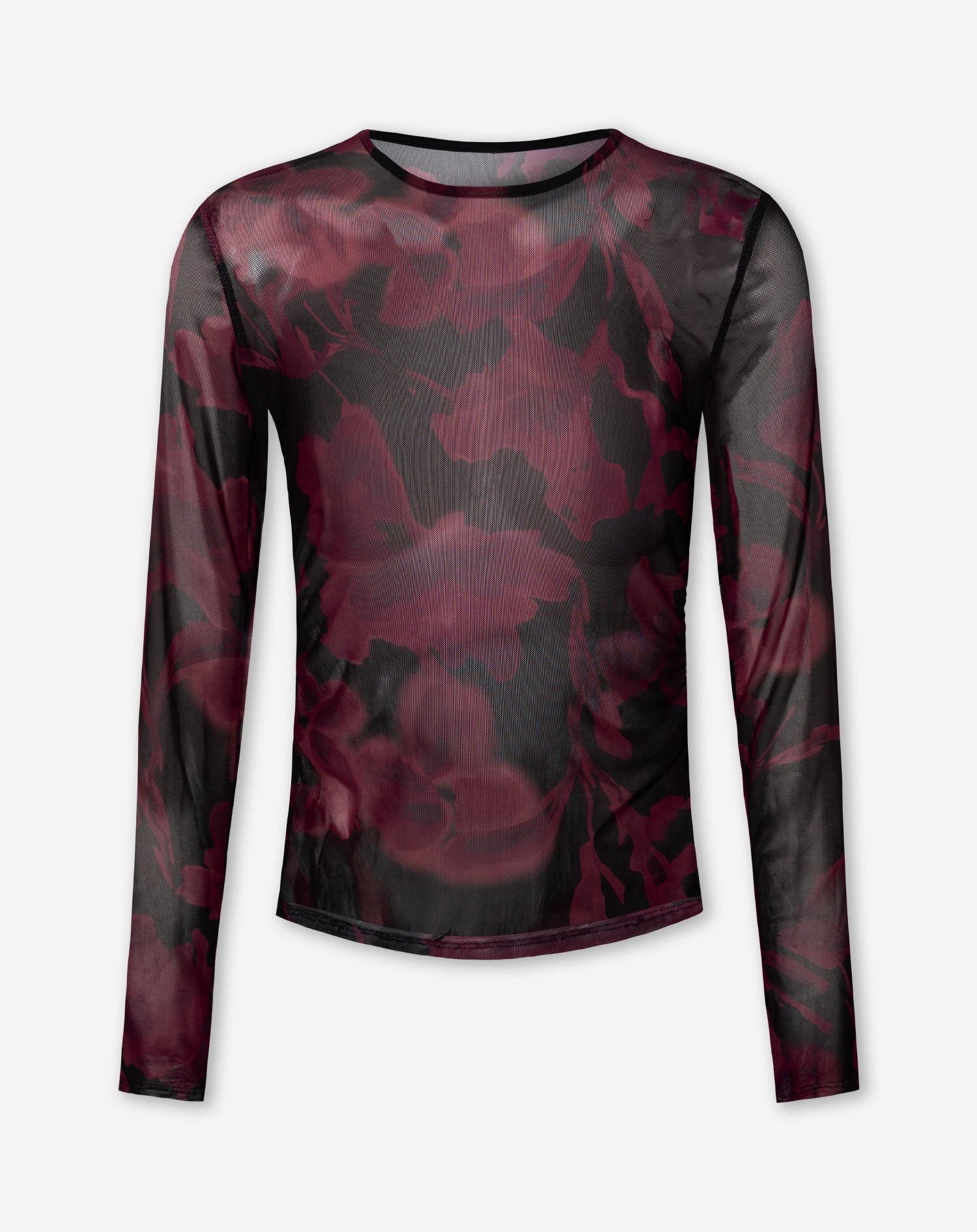 MARA PRINTED MESH TOP BURGUNDY