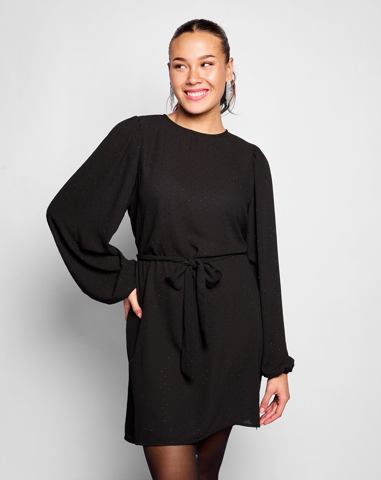 RHINESTONE PUFF LONG SLEEVE DRESS BLACK