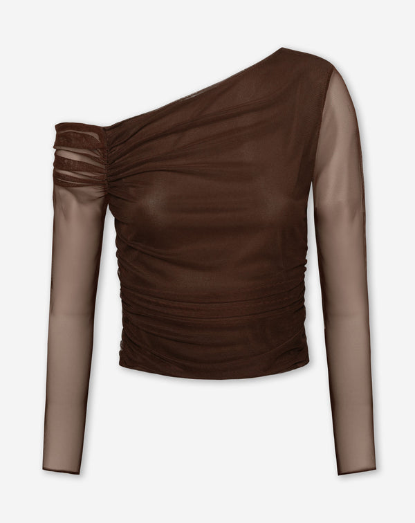 ISABELLE OFF SHOULDER MESH TOP BRUIN