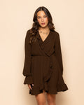 JULIE RUFFLE V-NECK WRAP DRESS BROWN