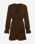 JULIE RUFFLE V-NECK WRAP DRESS BROWN