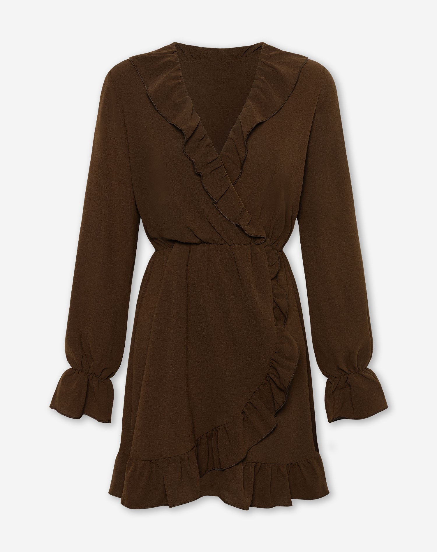 JULIE RUFFLE V-NECK WRAP DRESS BRUIN