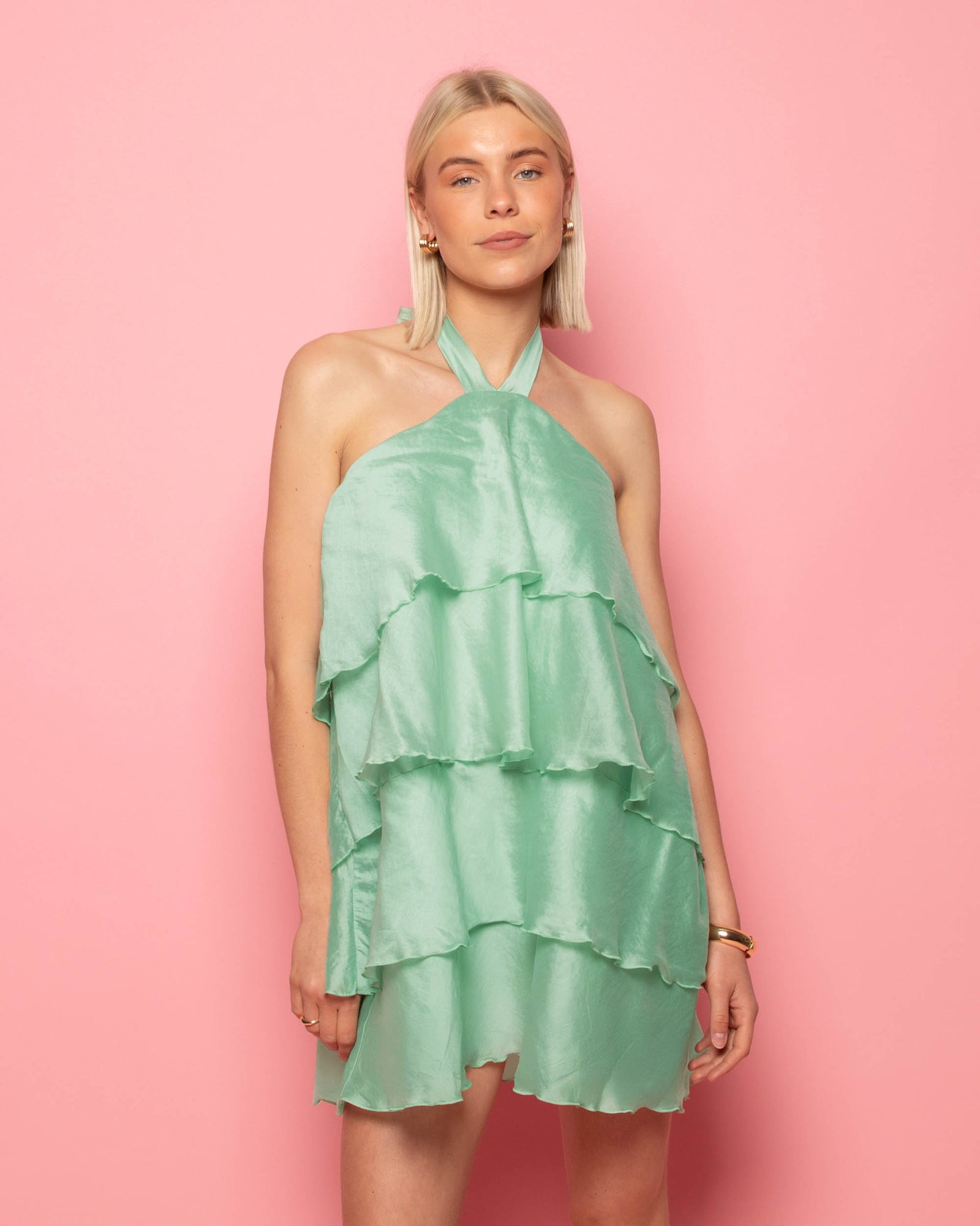 RUFFLE HALTER DRESS PISTACHE | Most Wanted