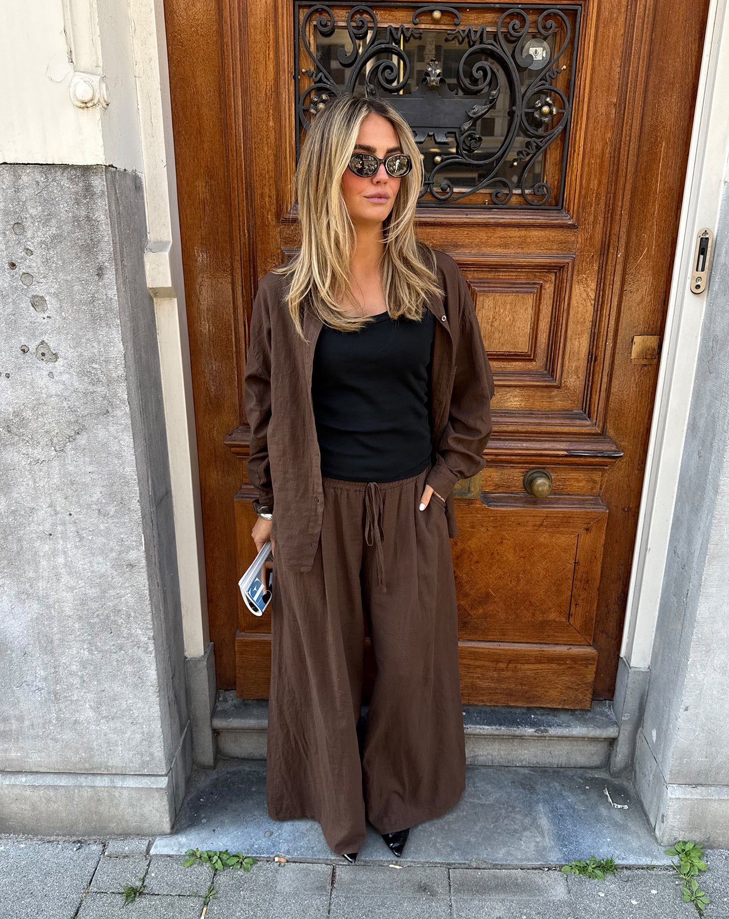 CARMEN LINEN WIDE LEG PANTS BROWN