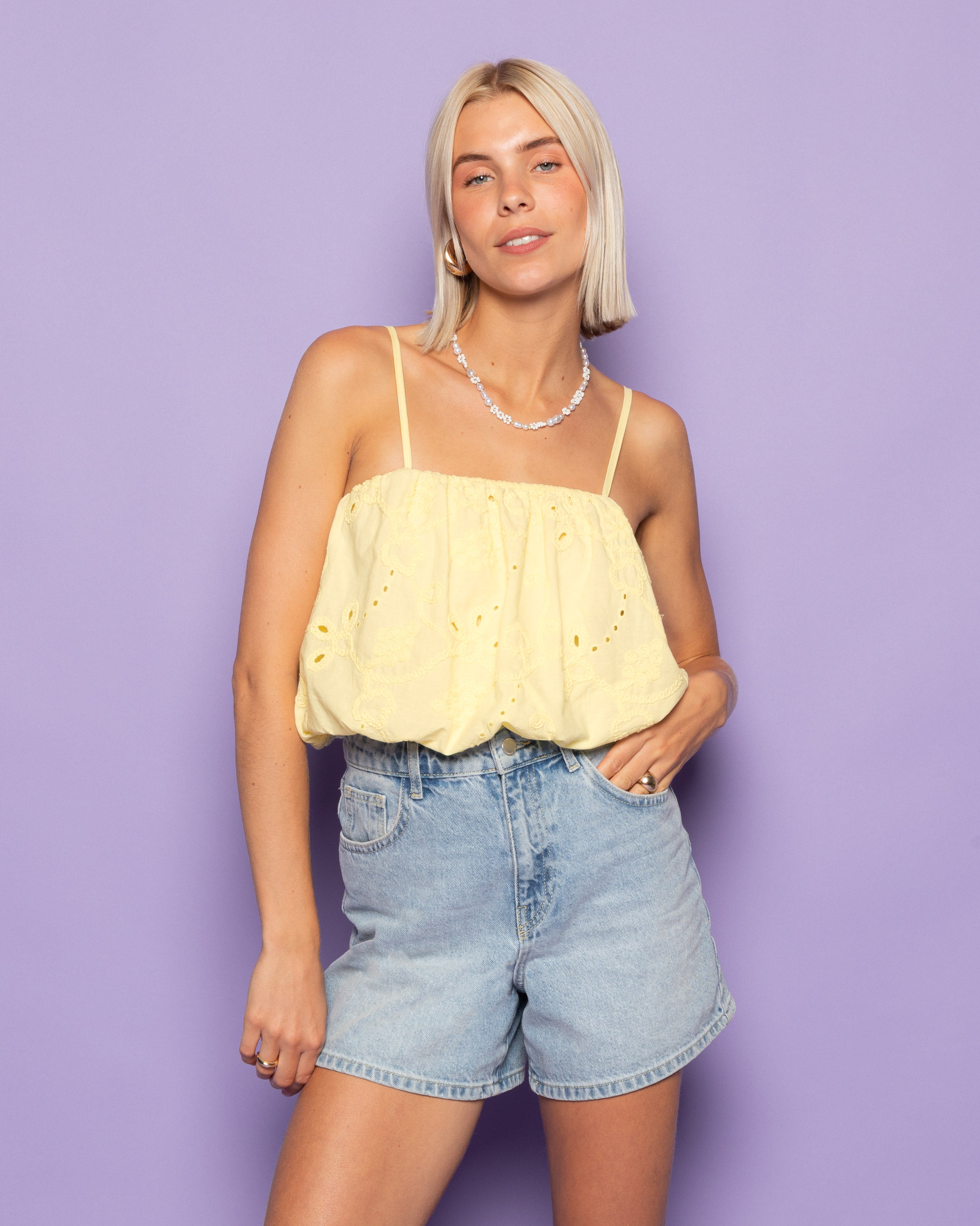 MANOU BRODERIE BUBBLE HEM TOP BUTTER YELLOW