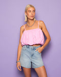 MANOU BRODERIE BUBBLE HEM TOP ROZE