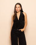 VELVET SEQUINS HALTER TOP BLACK