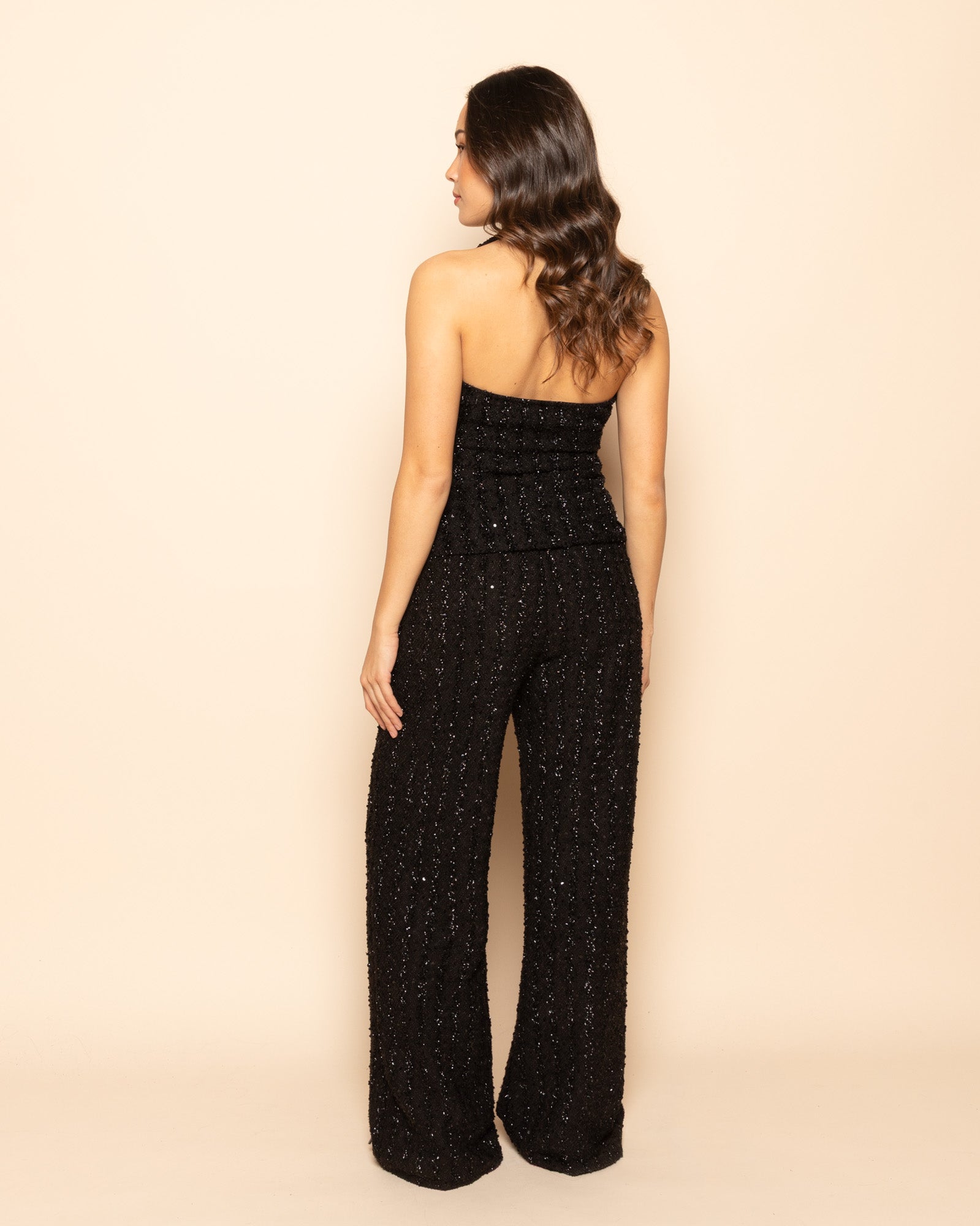 STRETCHY BOUCLE GLITTER WIDE LEG PANTS BLACK