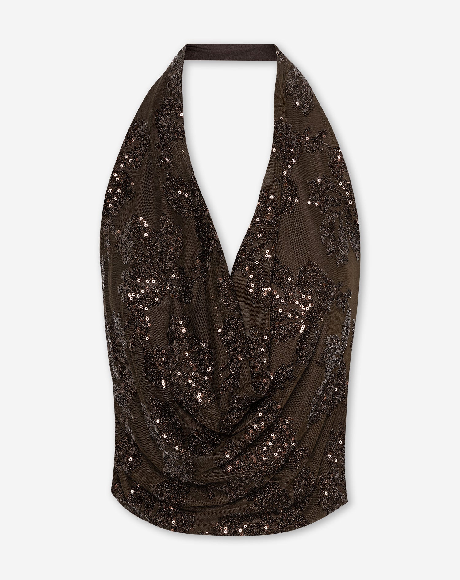 SEQUINS LEAF HALTER TOP BRUIN