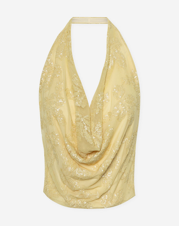 SEQUINS LEAF HALTER TOP BOTERGEEL