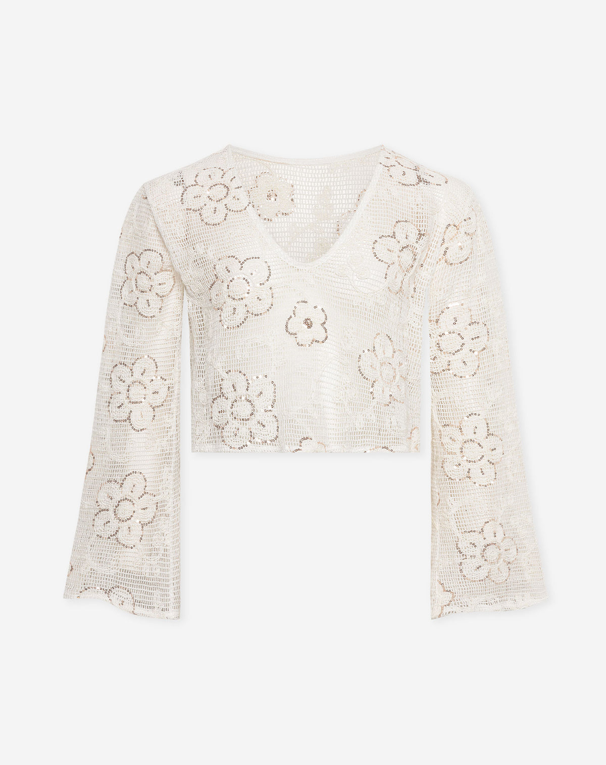 Women's Sequined Cream Floral Crochet Top