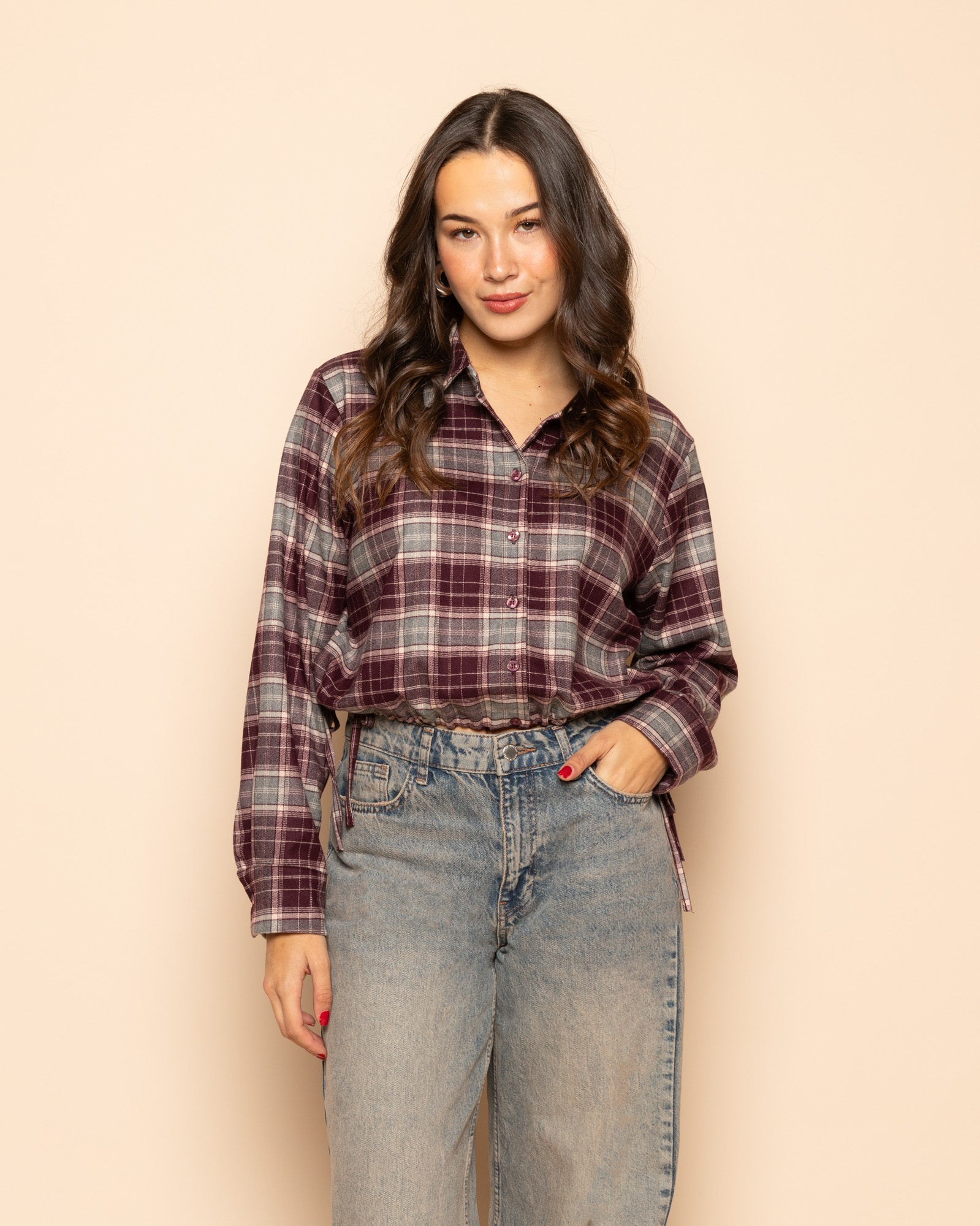 CHECK CORD BLOUSE BURGUNDY