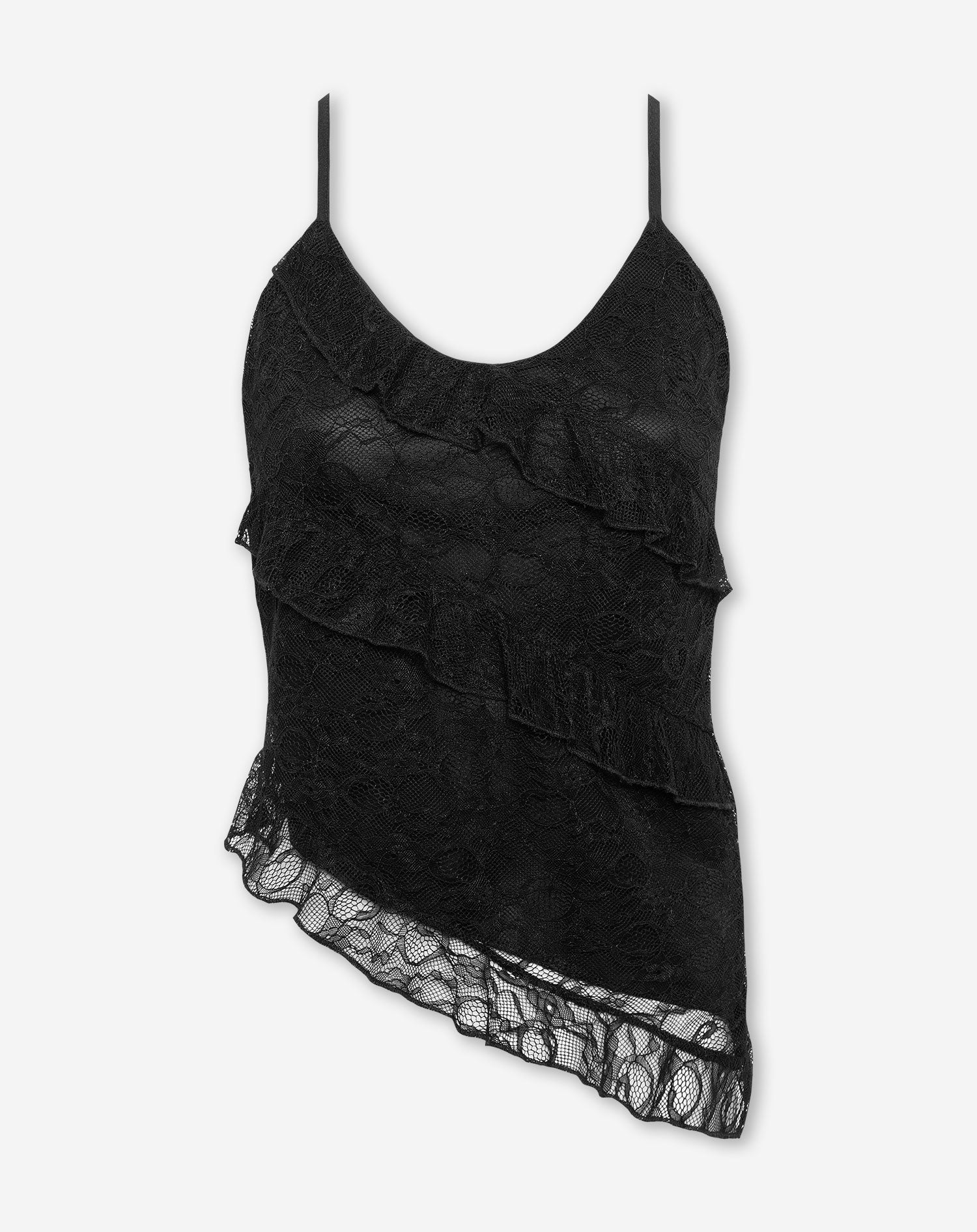 ASYMMETRIC LACE RUFFLE TOP ZWART
