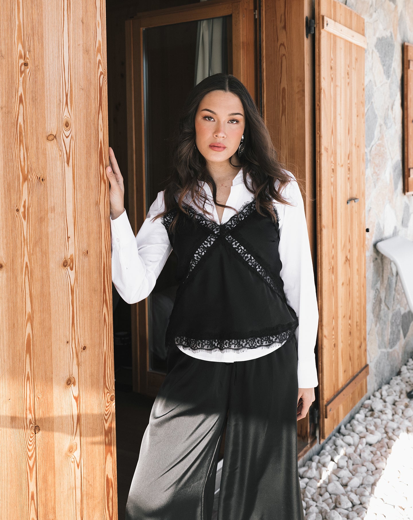 SATIN LACE CAMI TOP ZWART