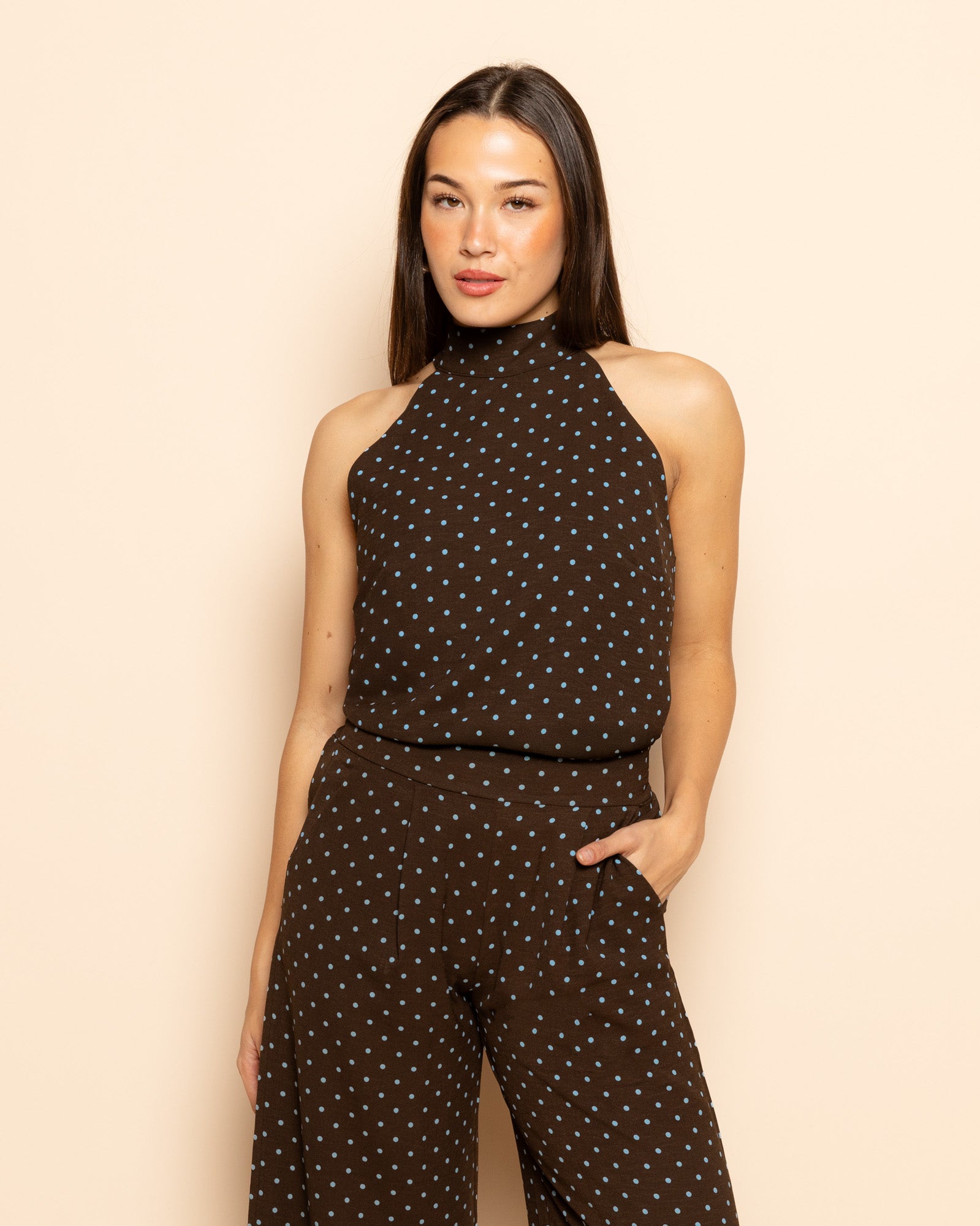 JULIE SMALL DOT HALTER TOP BRUIN