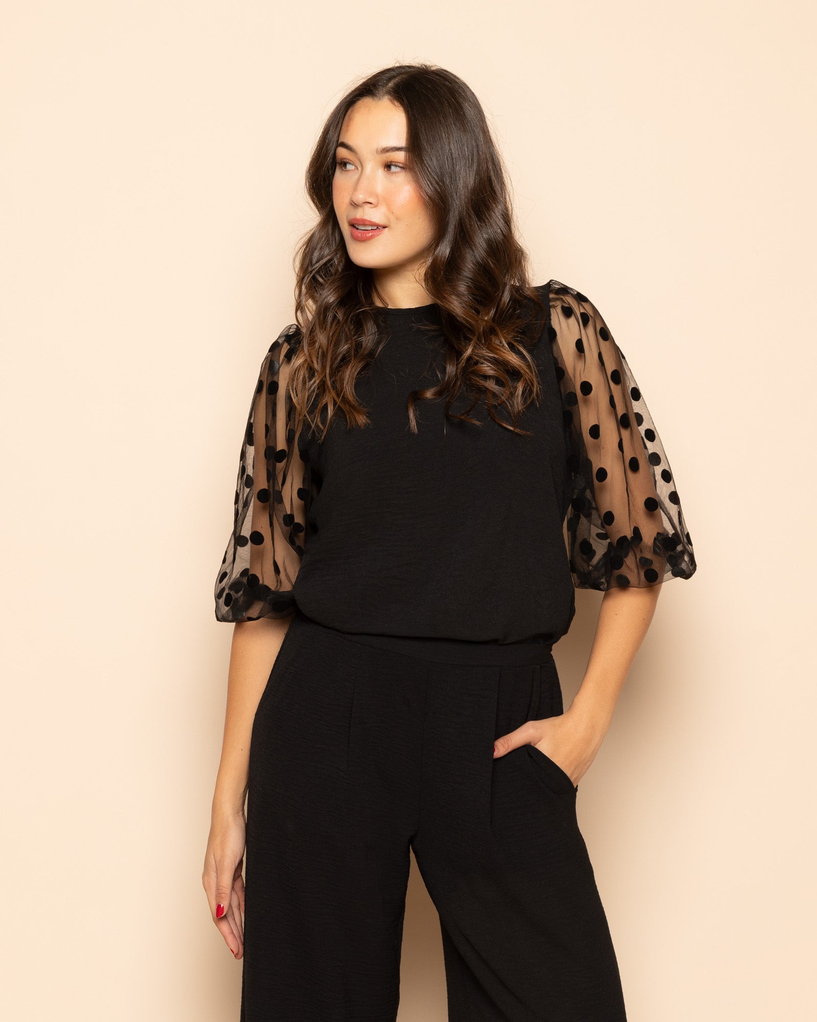 JULIE MESH DOT PUFF SLEEVE TOP ZWART
