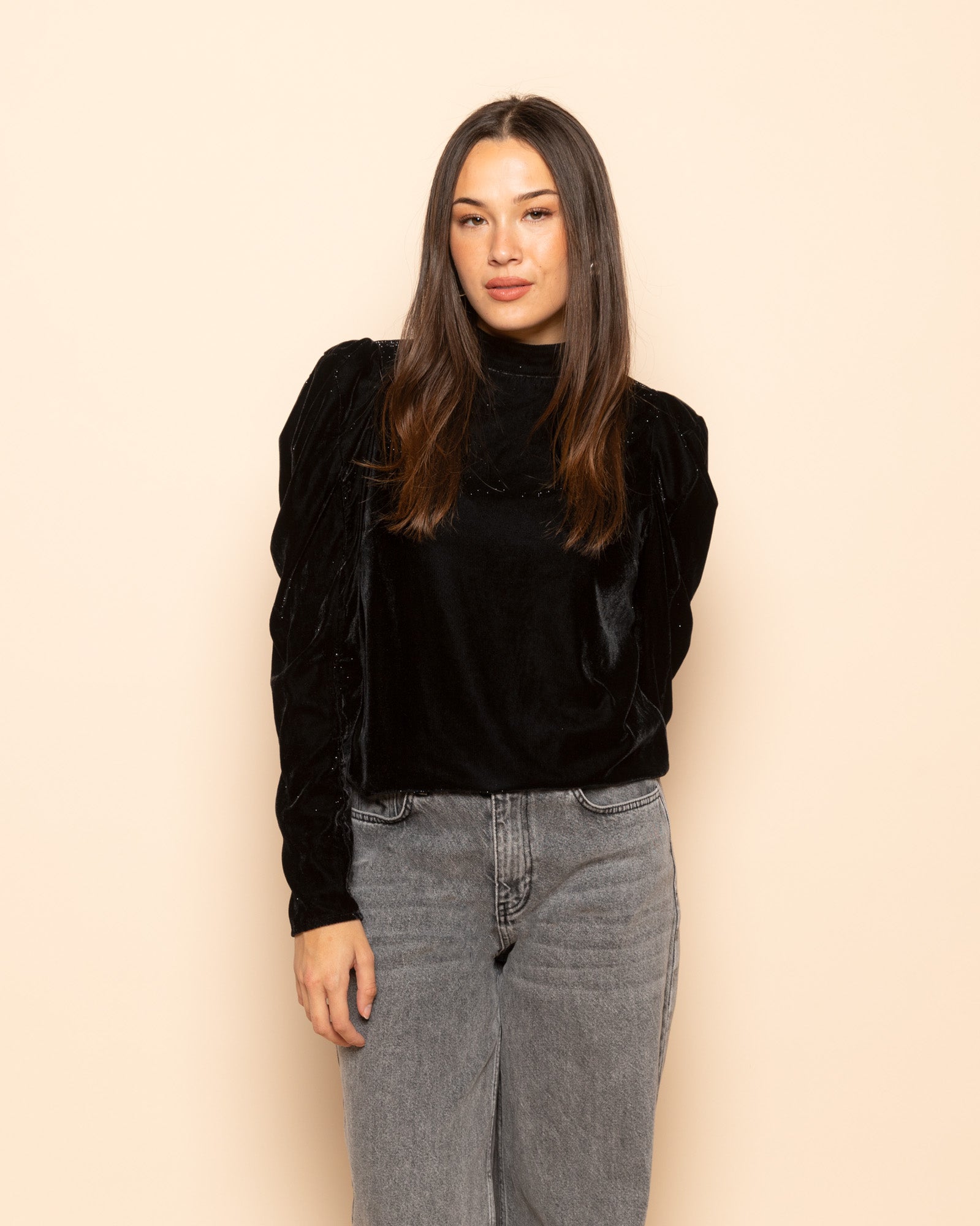 VELVET GLITTER PUFF SLEEVE TOP ZWART