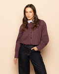 CHECKED CONTRAST COLLAR BLOUSE BURGUNDY