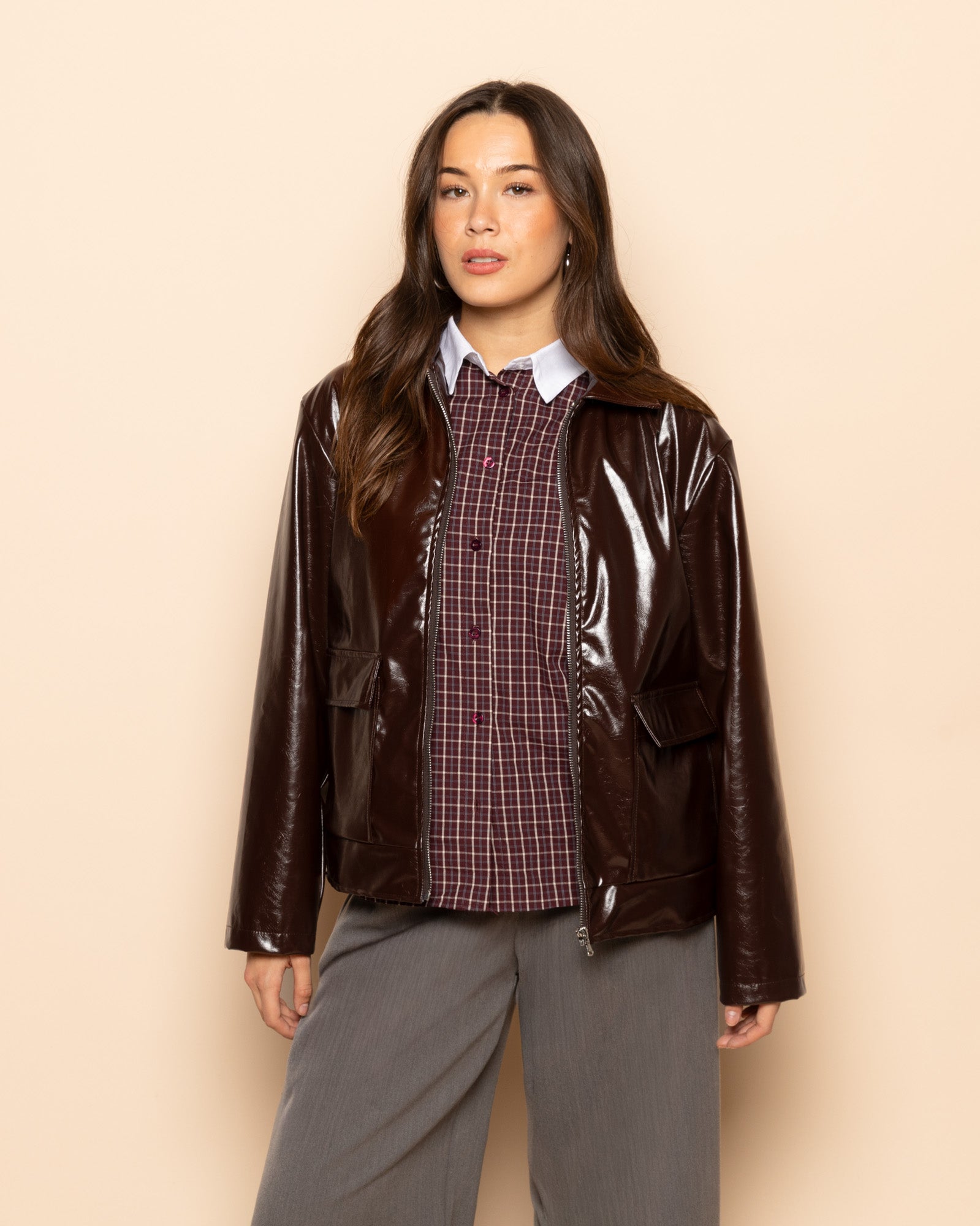 CHECKED CONTRAST COLLAR BLOUSE BURGUNDY