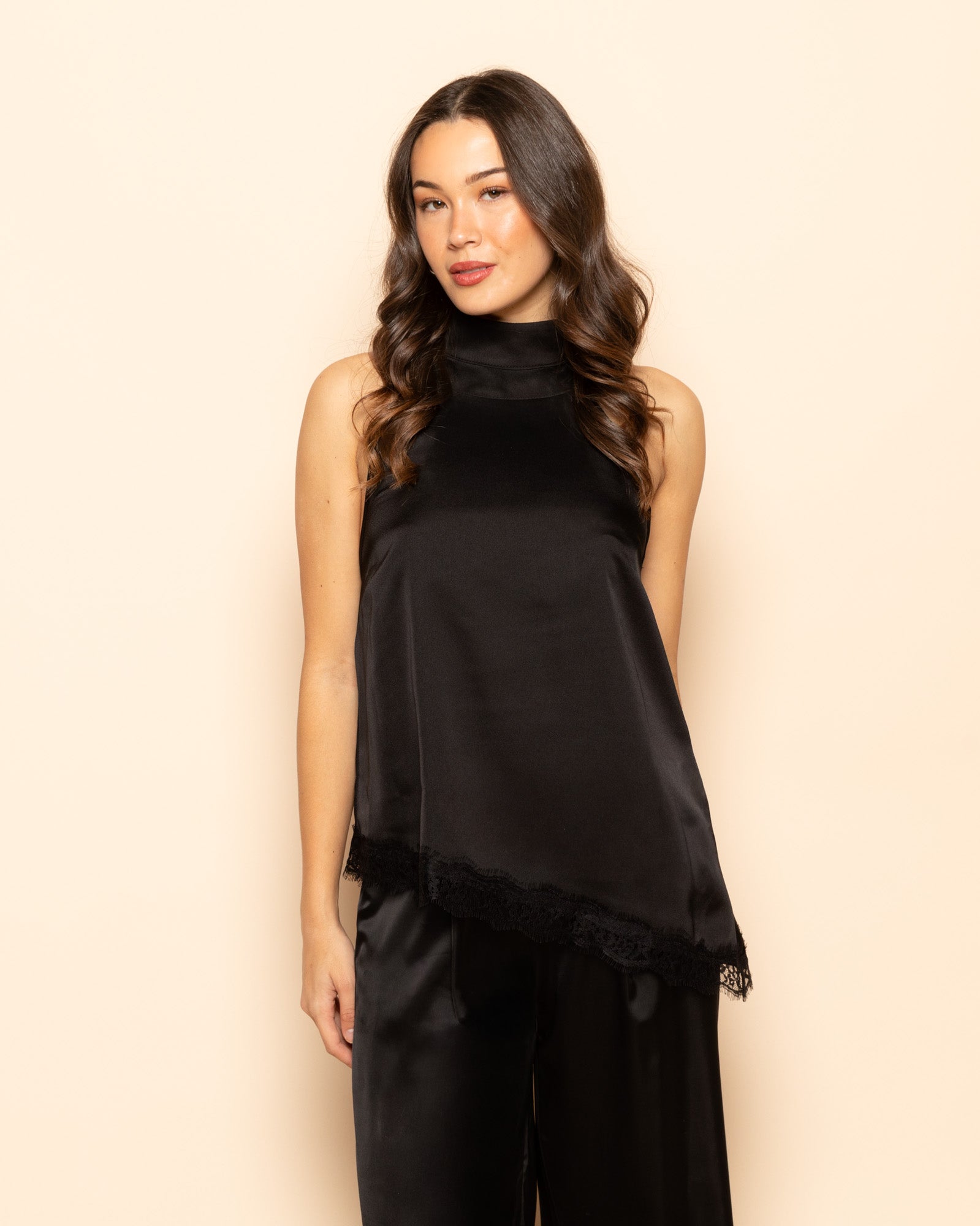 SATIN ASYMMETRIC HALTER LACE TOP BLACK | Most Wanted