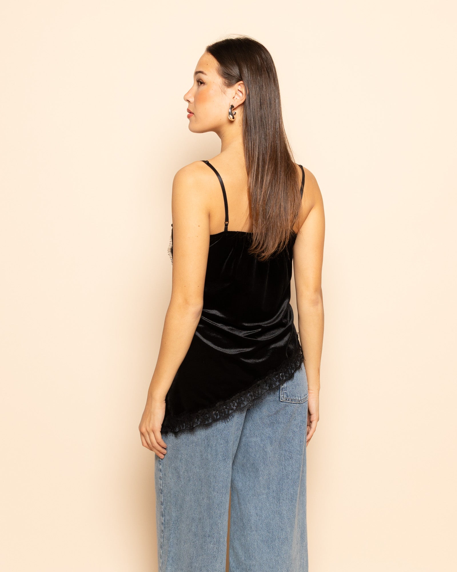ASYMMETRIC VELVET LACE CAMI TOP BLACK