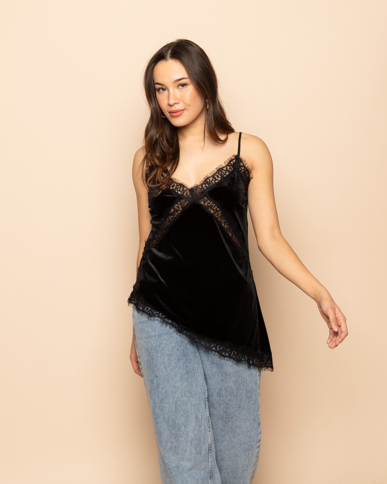 ASYMMETRIC VELVET LACE CAMI TOP BLACK