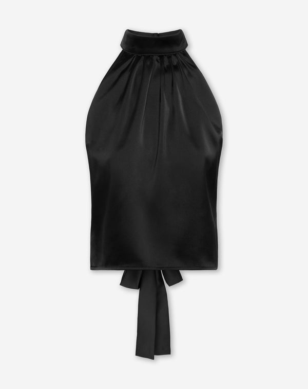 SATIN HALTER BOW TOP BLACK