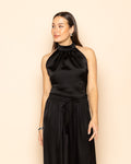 SATIN HALTER BOW TOP BLACK