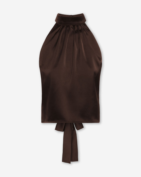 SATIN HALTER BOW TOP BROWN