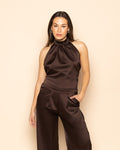 SATIN HALTER BOW TOP BROWN