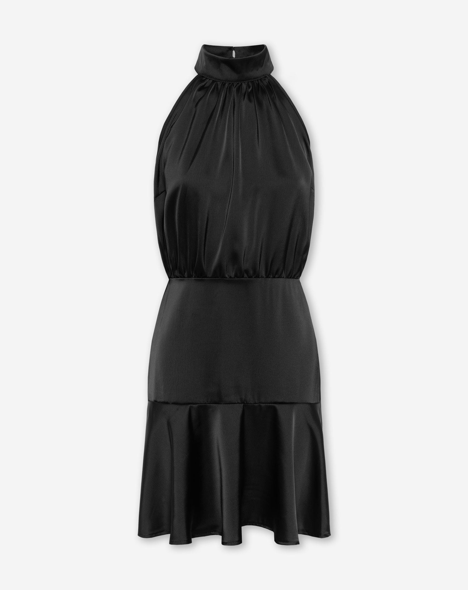 SATIN HALTER RUFFLE DRESS BLACK