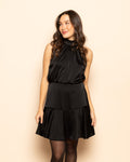 SATIN HALTER RUFFLE DRESS BLACK