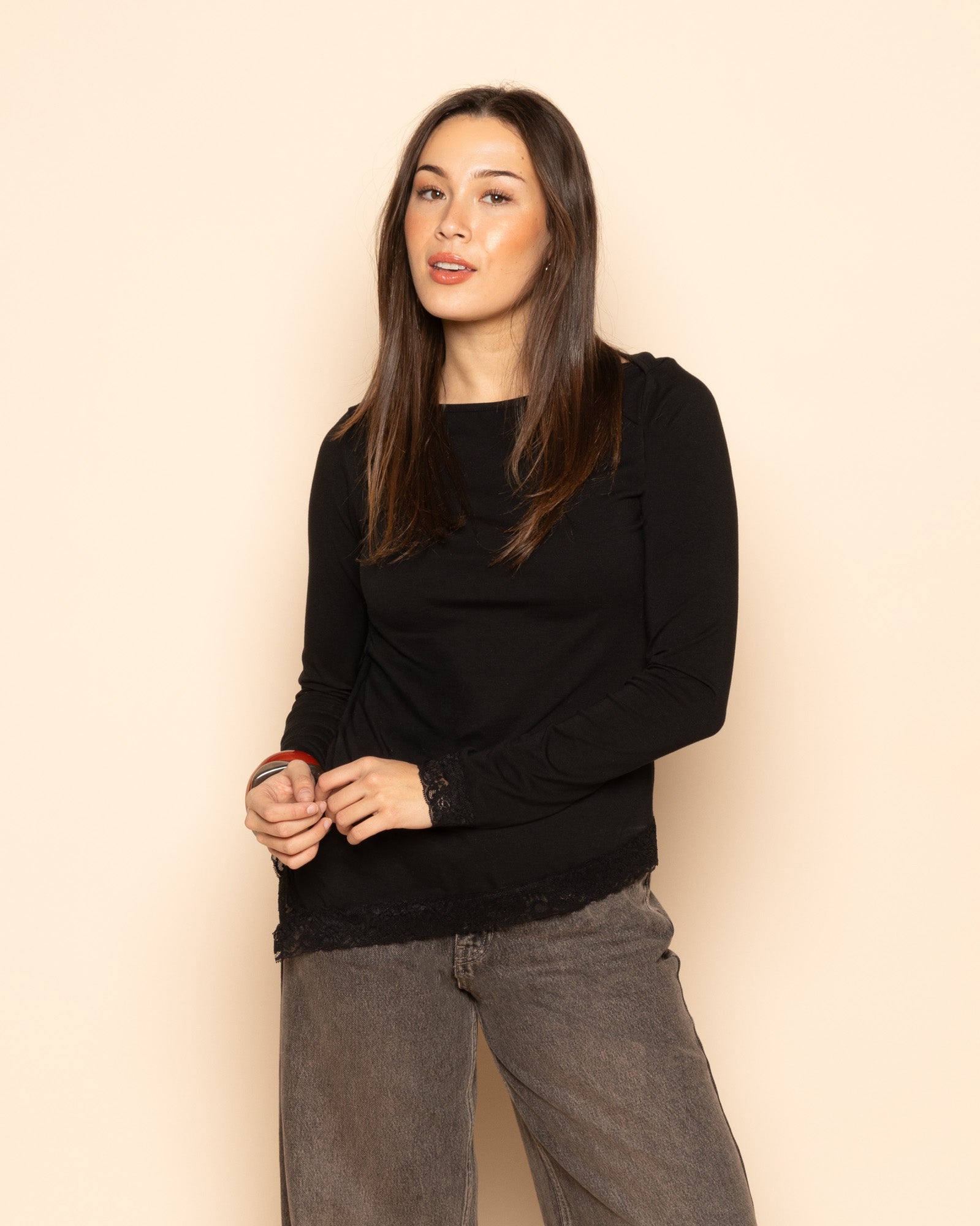 TAMAR ASYMMETRIC LACE TOP BLACK