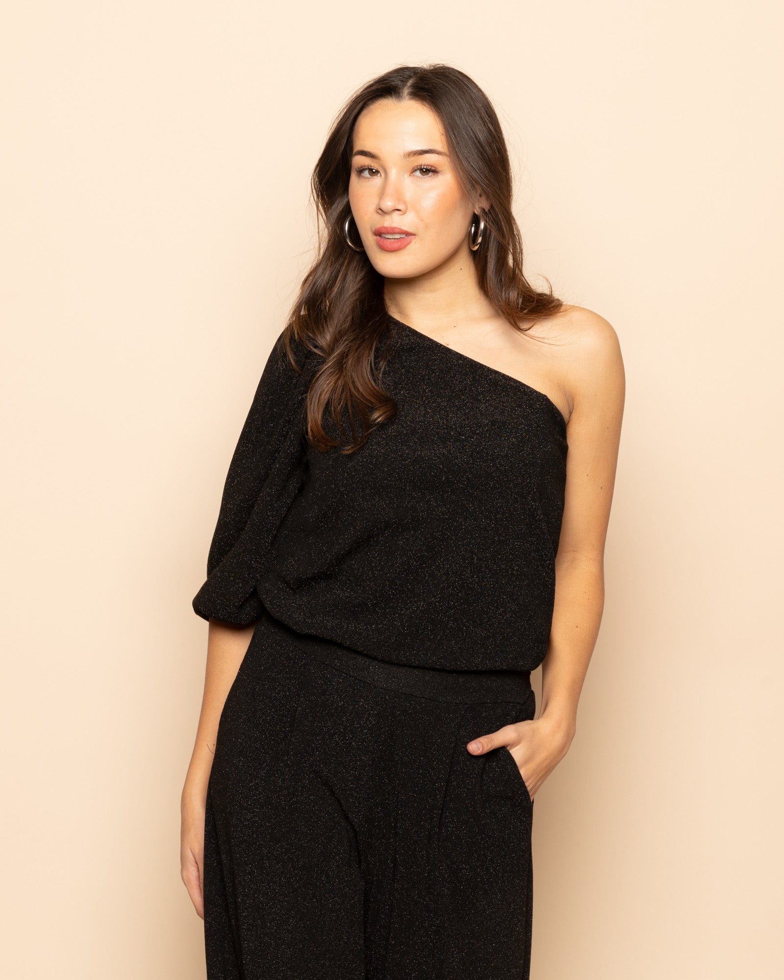 JULIE GLITTER ONE SHOULDER PUFF SLEEVE TOP BLACK