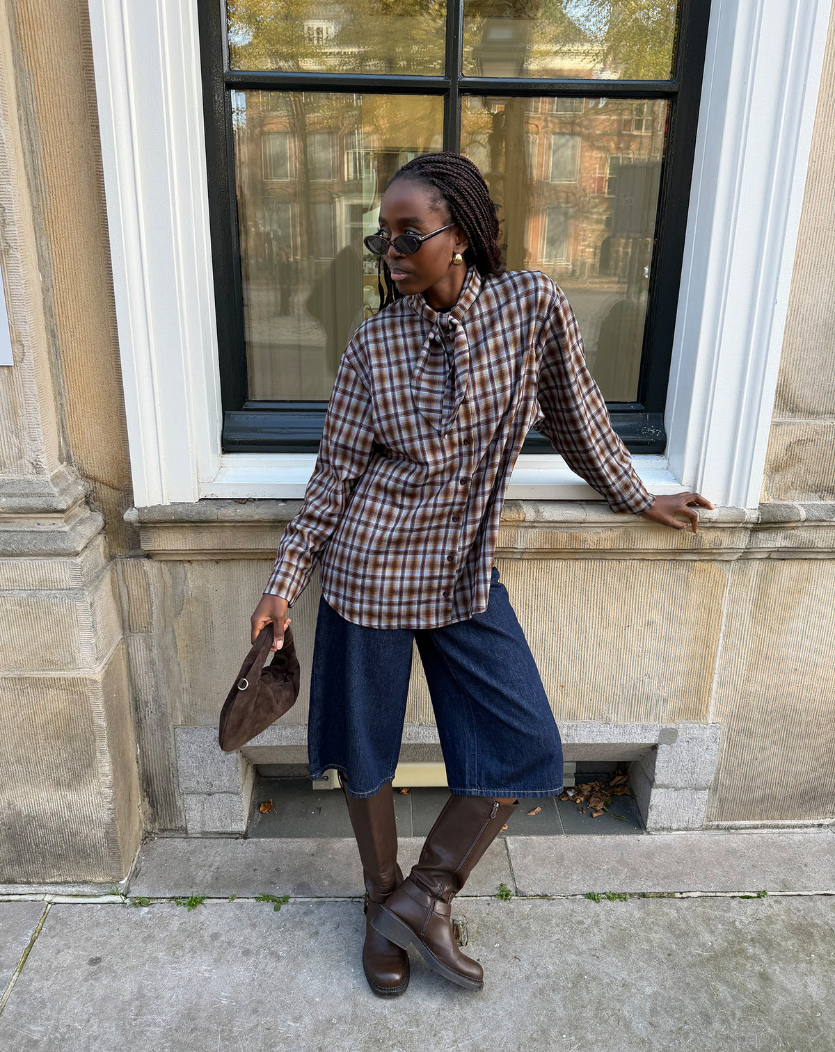 CHECK BOW BLOUSE BRUIN