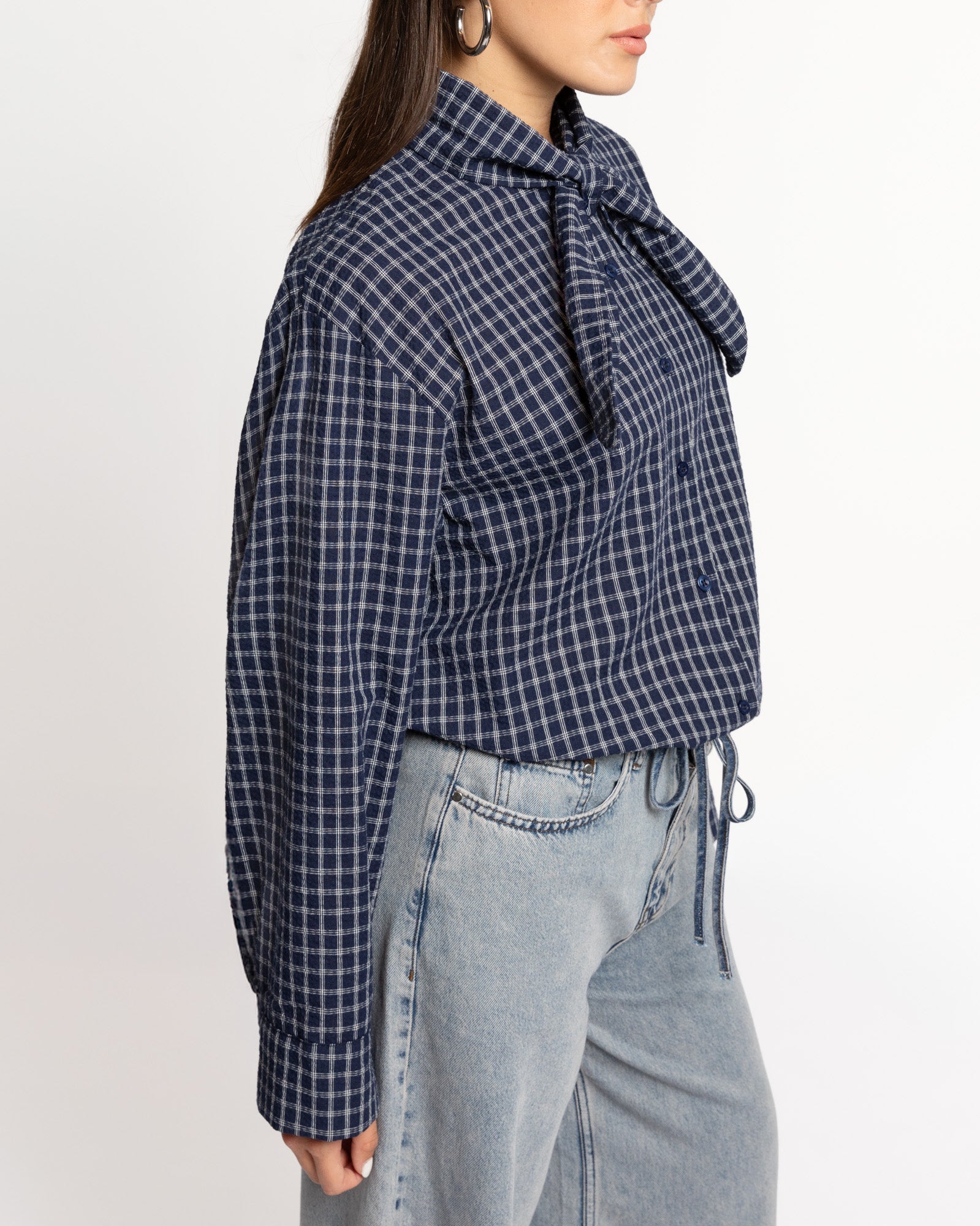 CHECK BOW BLOUSE MARINEBLAUW