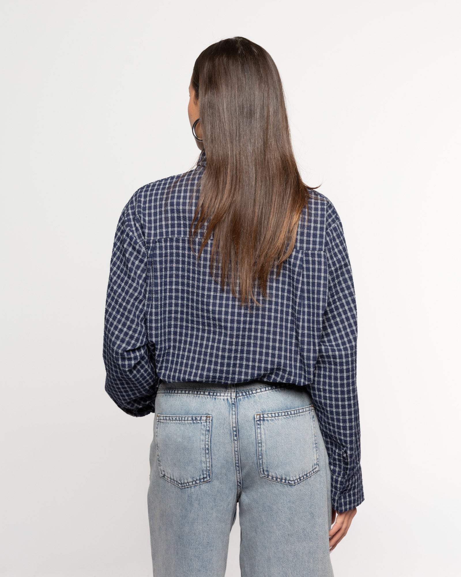 CHECK BOW BLOUSE MARINEBLAUW