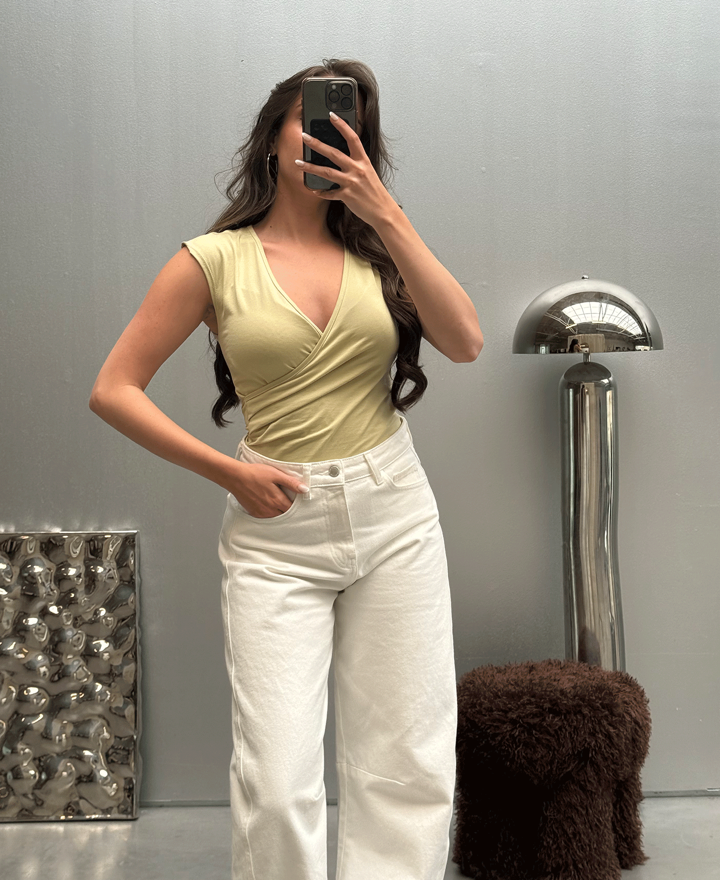 TAMAR WRAP CAP SLEEVE TOP LICHT OLIJFGROEN