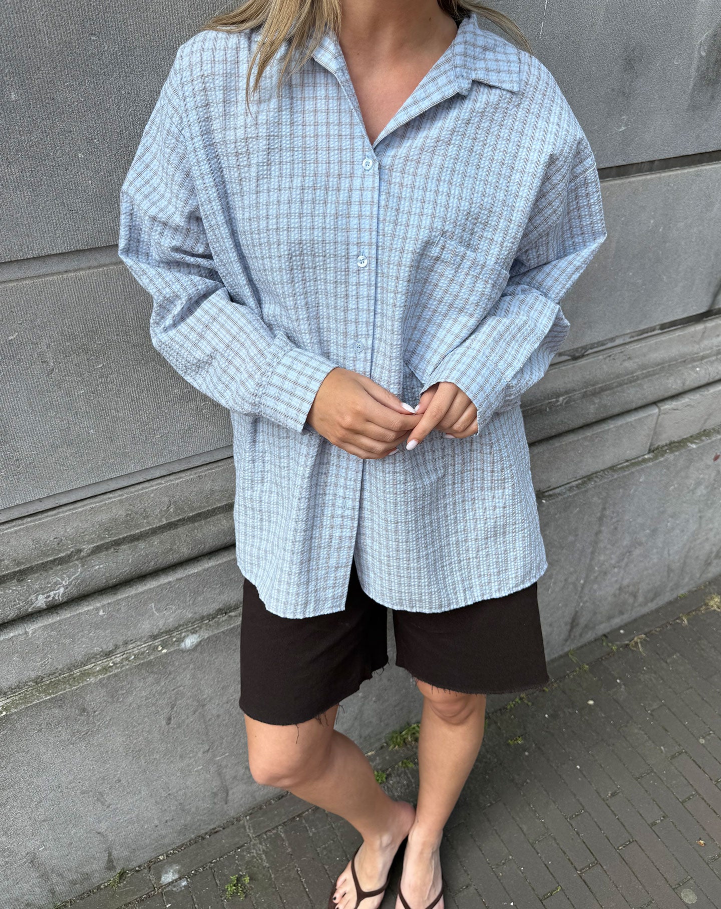 CHECK OVERSIZED BLOUSE LICHTBLAUW